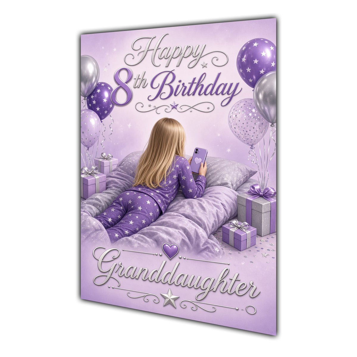 Granddaughter 8th Birthday Card - Girl with Phone in a Purple Birthday Room