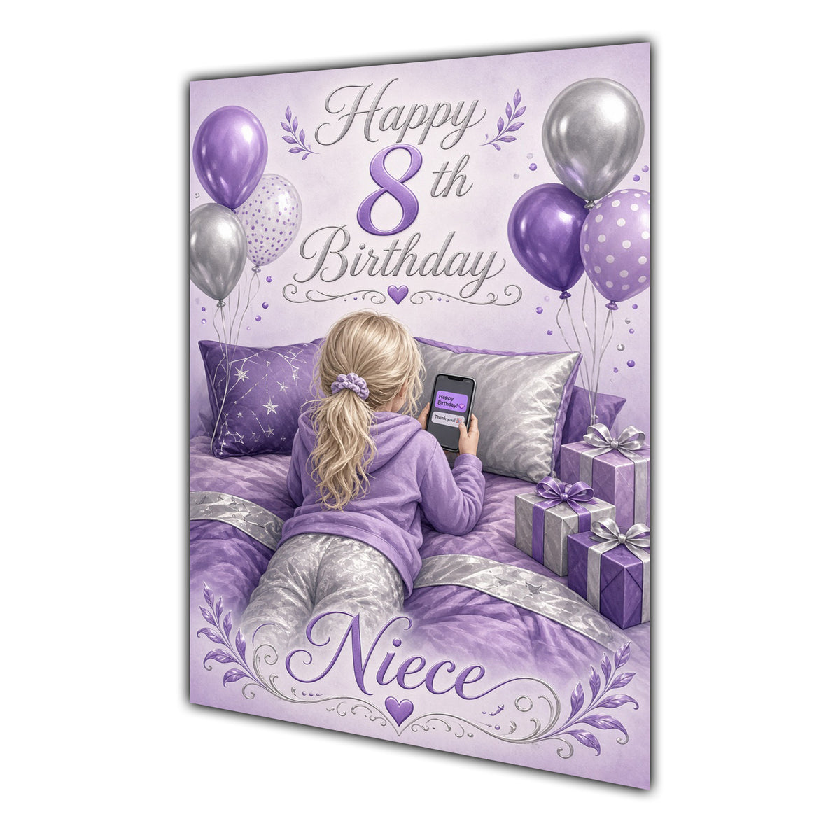 Niece 8th Birthday Card - Girl with Phone in a Purple Birthday Room