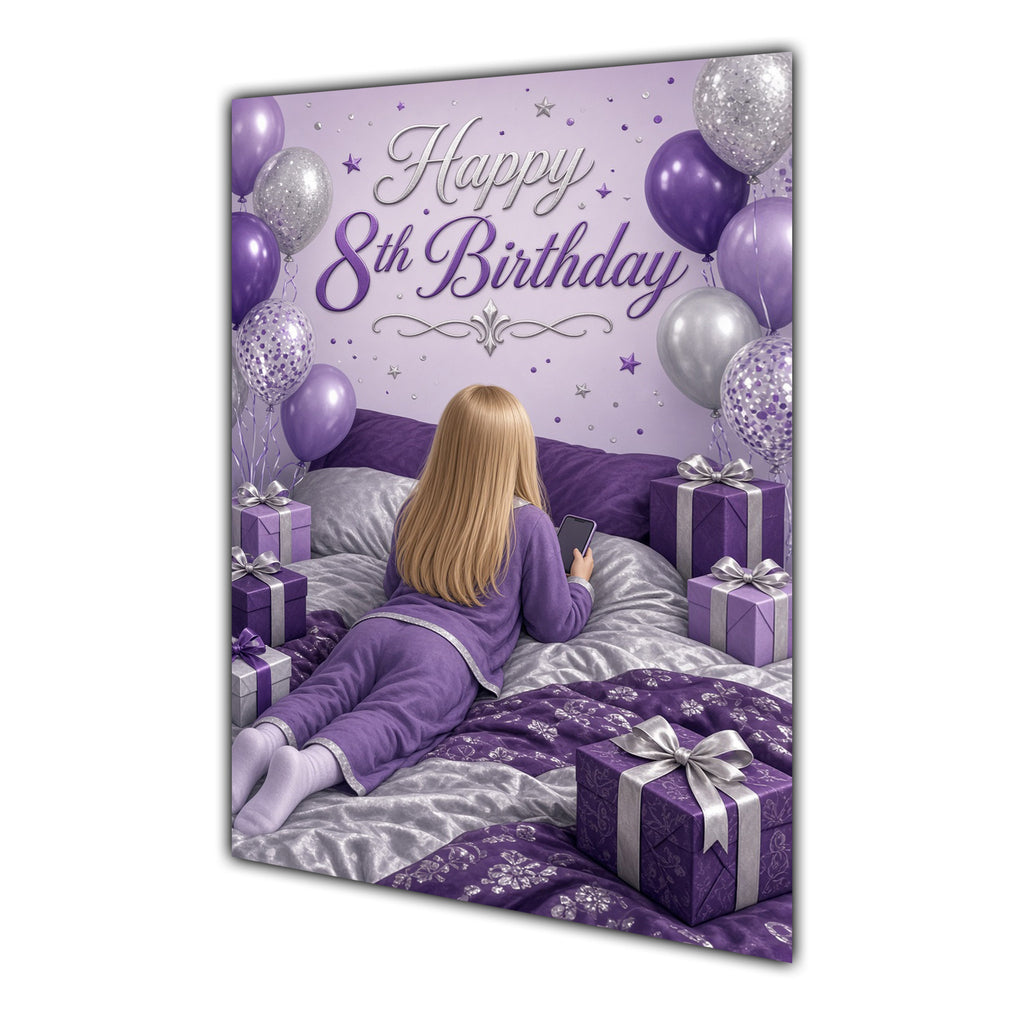 8th Birthday Card - Girl with Phone in a Purple Birthday Room