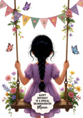 Personalised Birthday Card - Girl on a Flower Swing - Black Hair