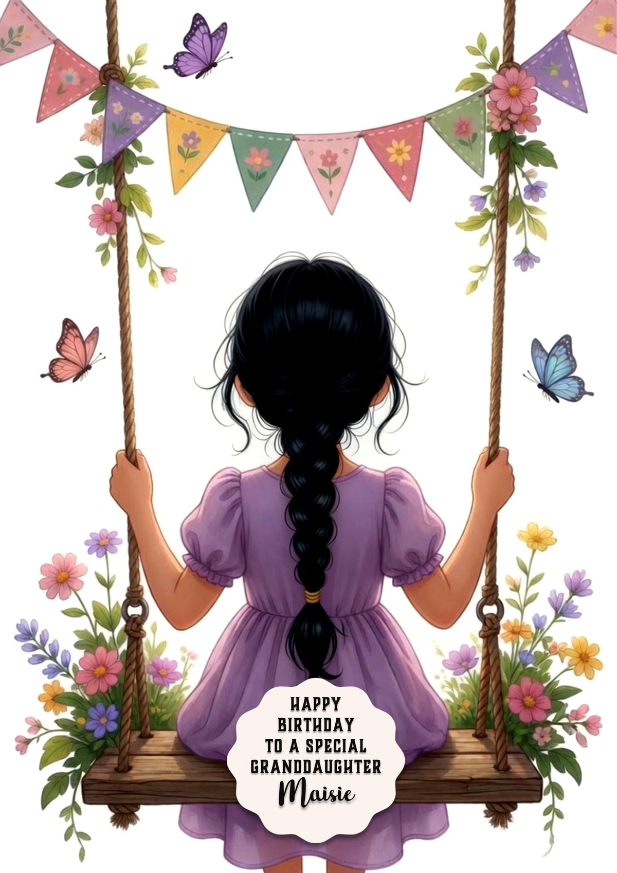 Personalised Birthday Card - Girl on a Flower Swing - Black Hair