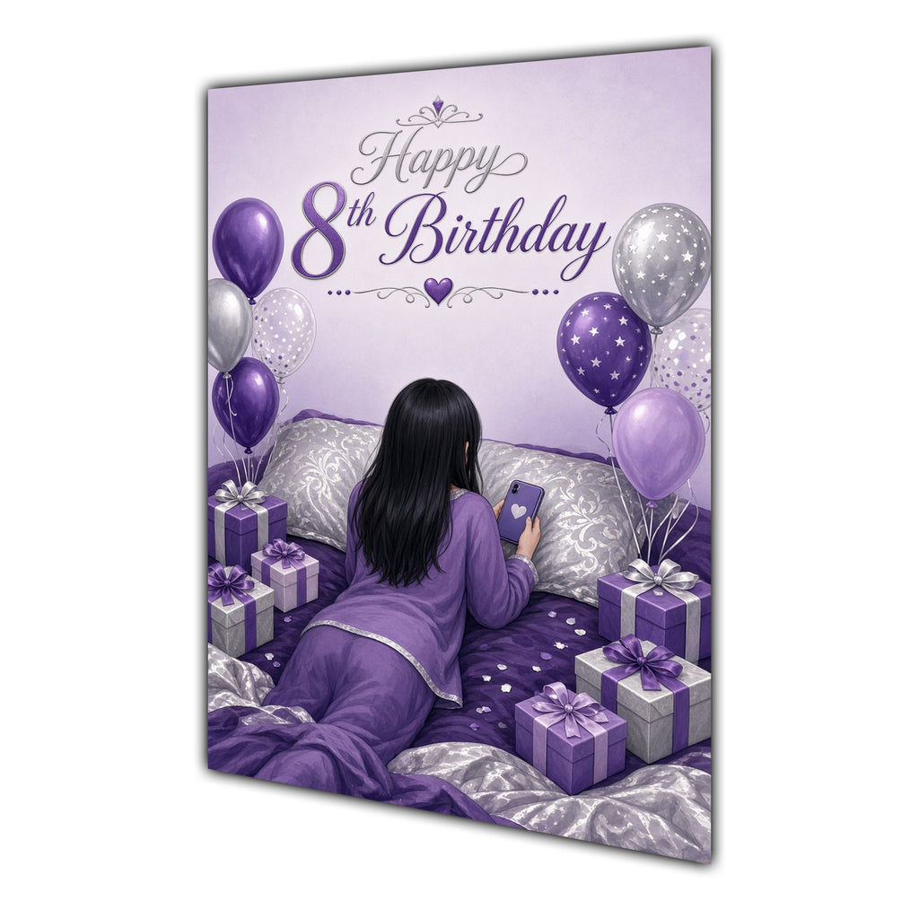 8th Birthday Card - Girl with Phone in a Purple Birthday Room