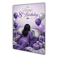 8th Birthday Card - Girl with Phone in a Purple Birthday Room