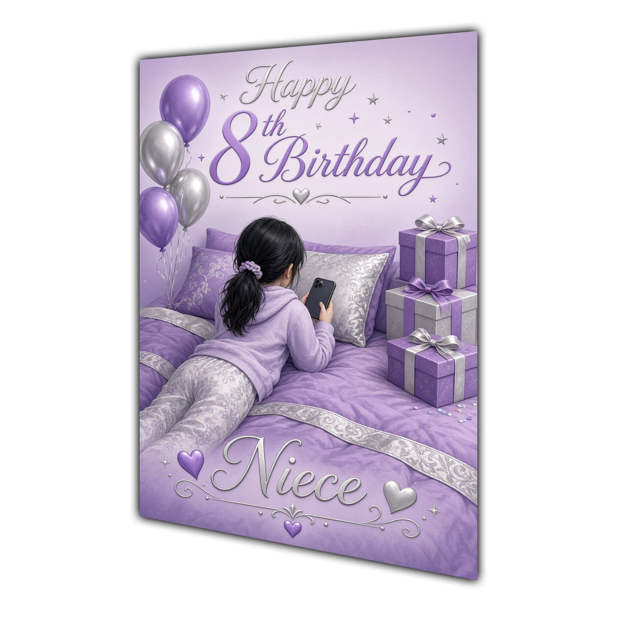 Niece 8th Birthday Card - Girl with Phone in a Purple Birthday Room