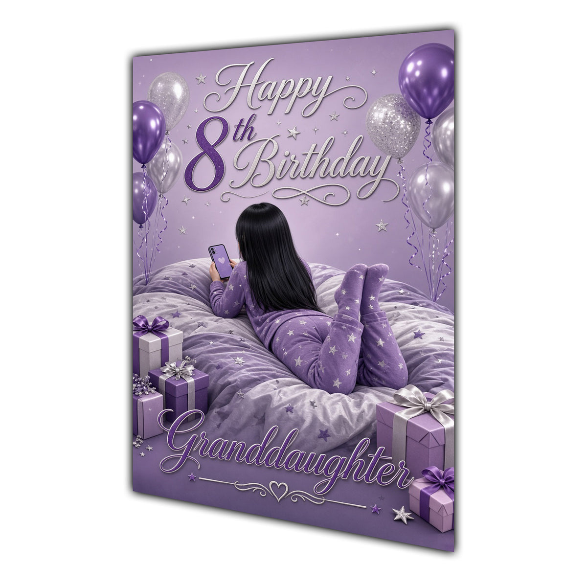 Granddaughter 8th Birthday Card - Girl with Phone in a Purple Birthday Room