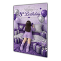 8th Birthday Card - Girl with Phone in a Purple Birthday Room