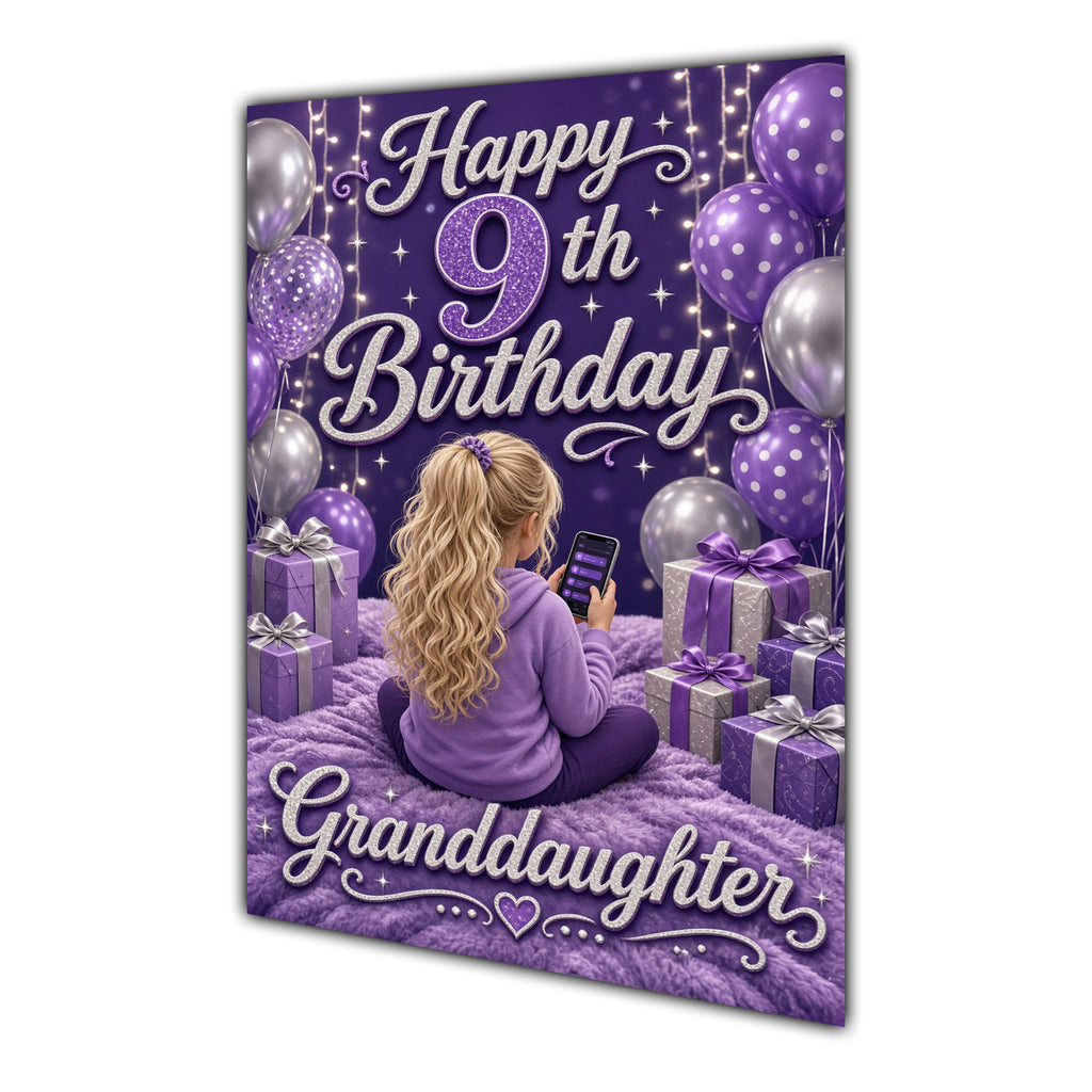 Granddaughter 9th Birthday Card - Girl with Phone in a Purple Birthday Room