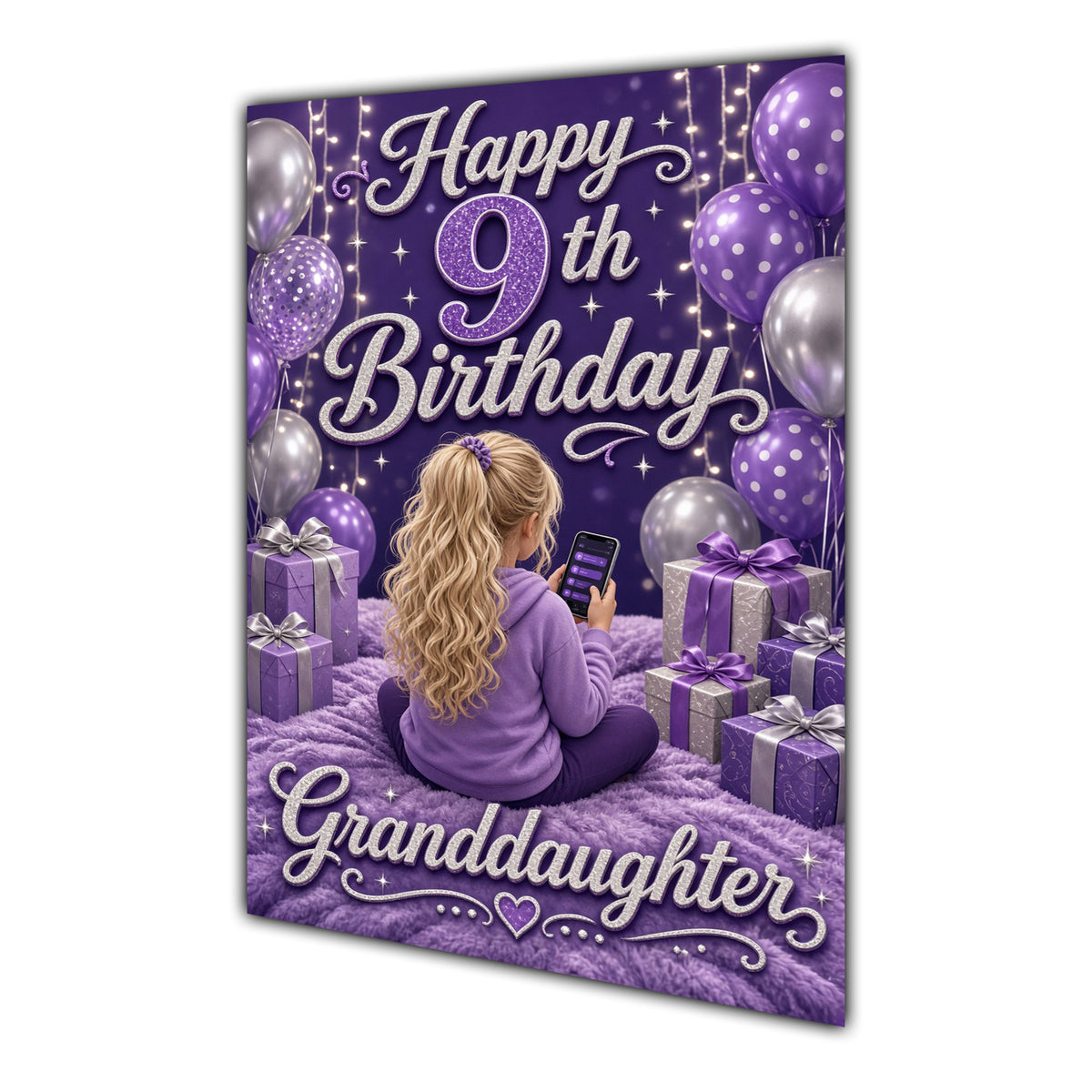 Granddaughter 9th Birthday Card - Girl with Phone in a Purple Birthday Room