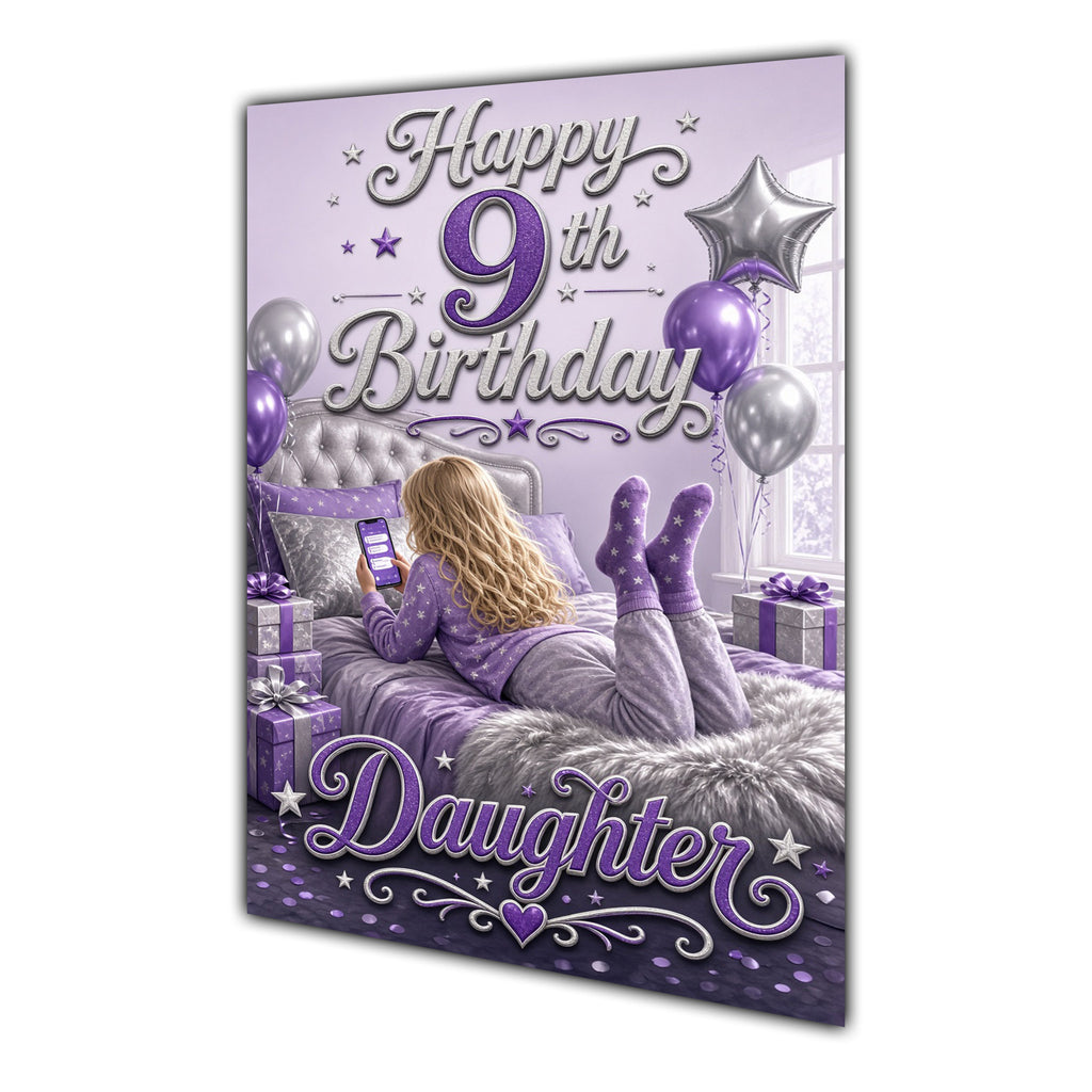 Daughter 9th Birthday Card - Girl with Phone in a Purple Birthday Room