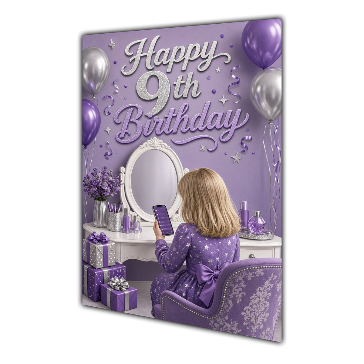 9th Birthday Card - Girl with Phone in a Purple Birthday Room