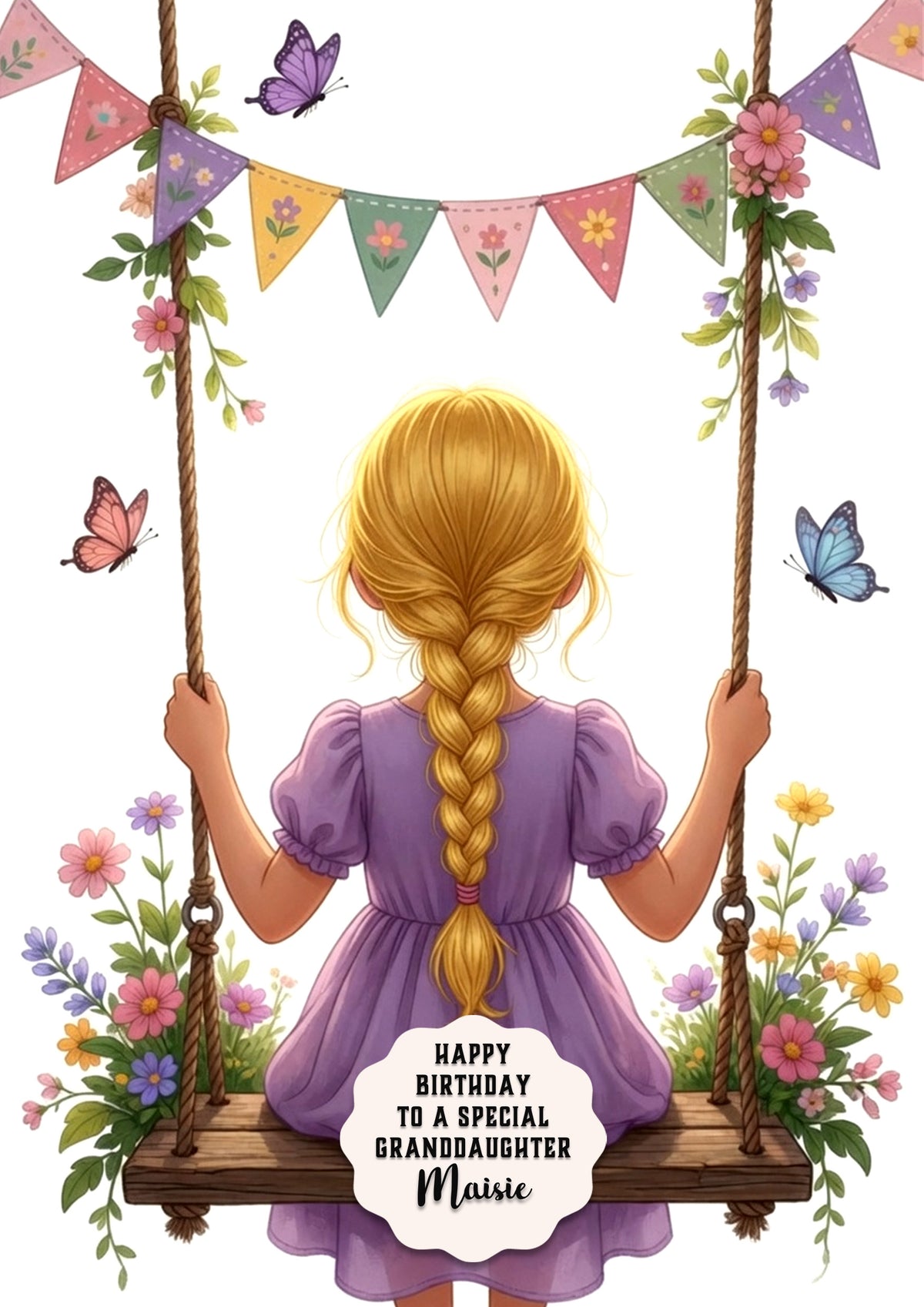 Personalised Birthday Card - Girl on a Flower Swing - Blonde Hair