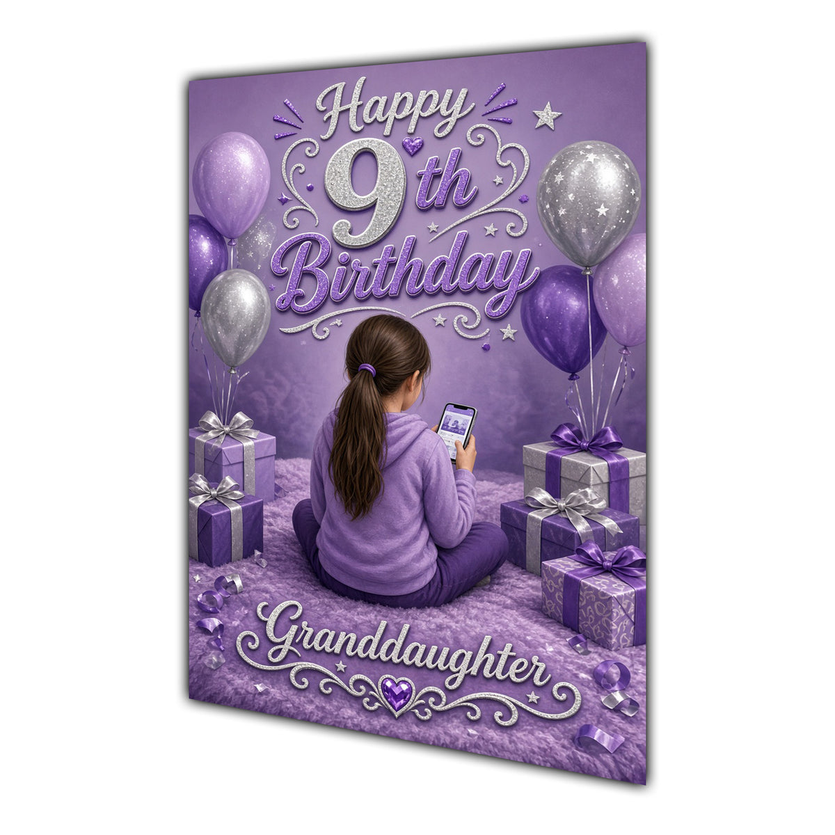 Granddaughter 9th Birthday Card - Girl with Phone in a Purple Birthday Room