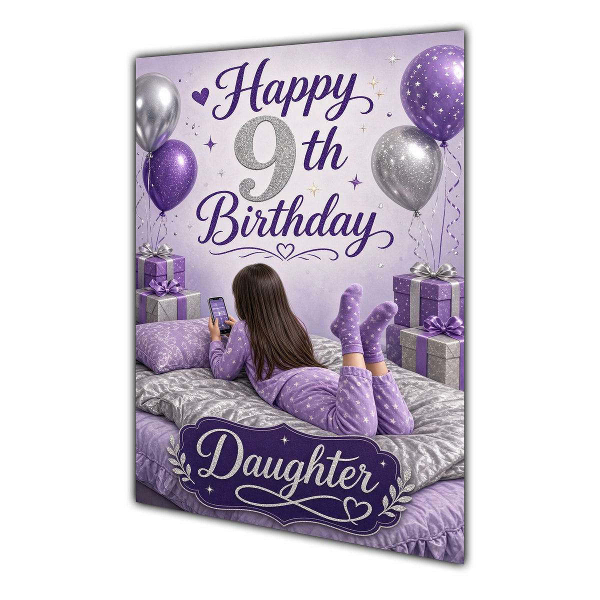 Daughter 9th Birthday Card - Girl with Phone in a Purple Birthday Room
