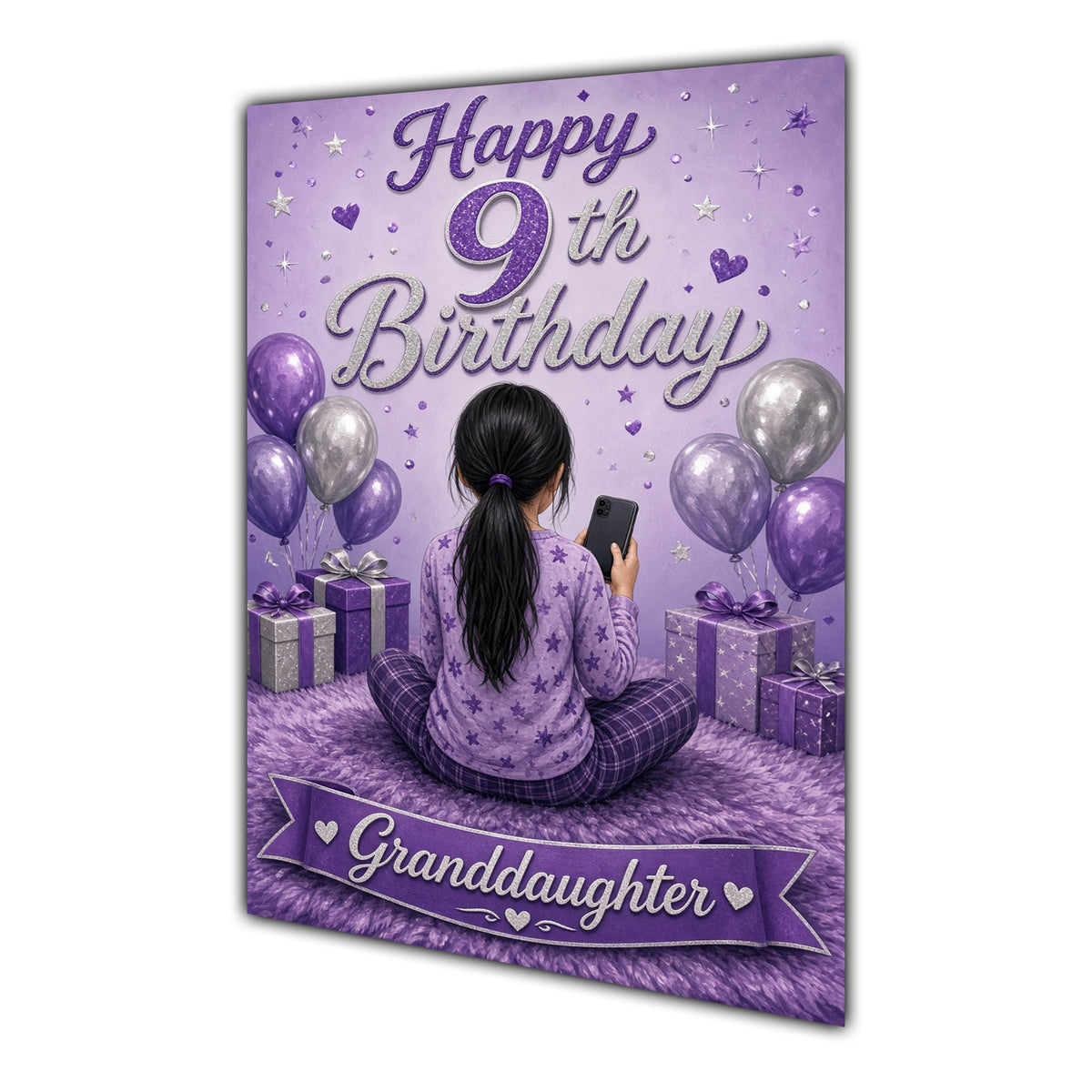 Granddaughter 9th Birthday Card - Girl with Phone in a Purple Birthday Room