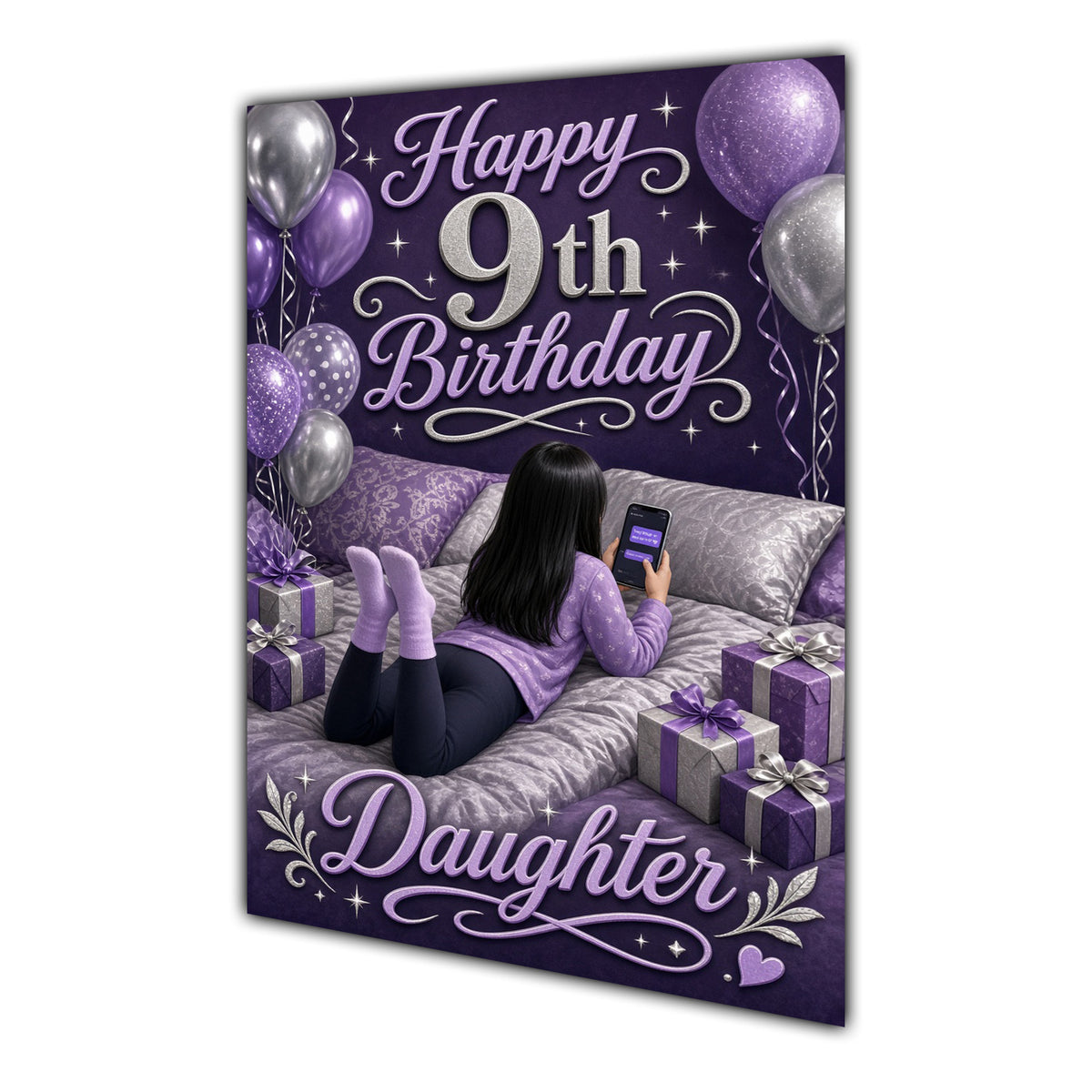 Daughter 9th Birthday Card - Girl with Phone in a Purple Birthday Room