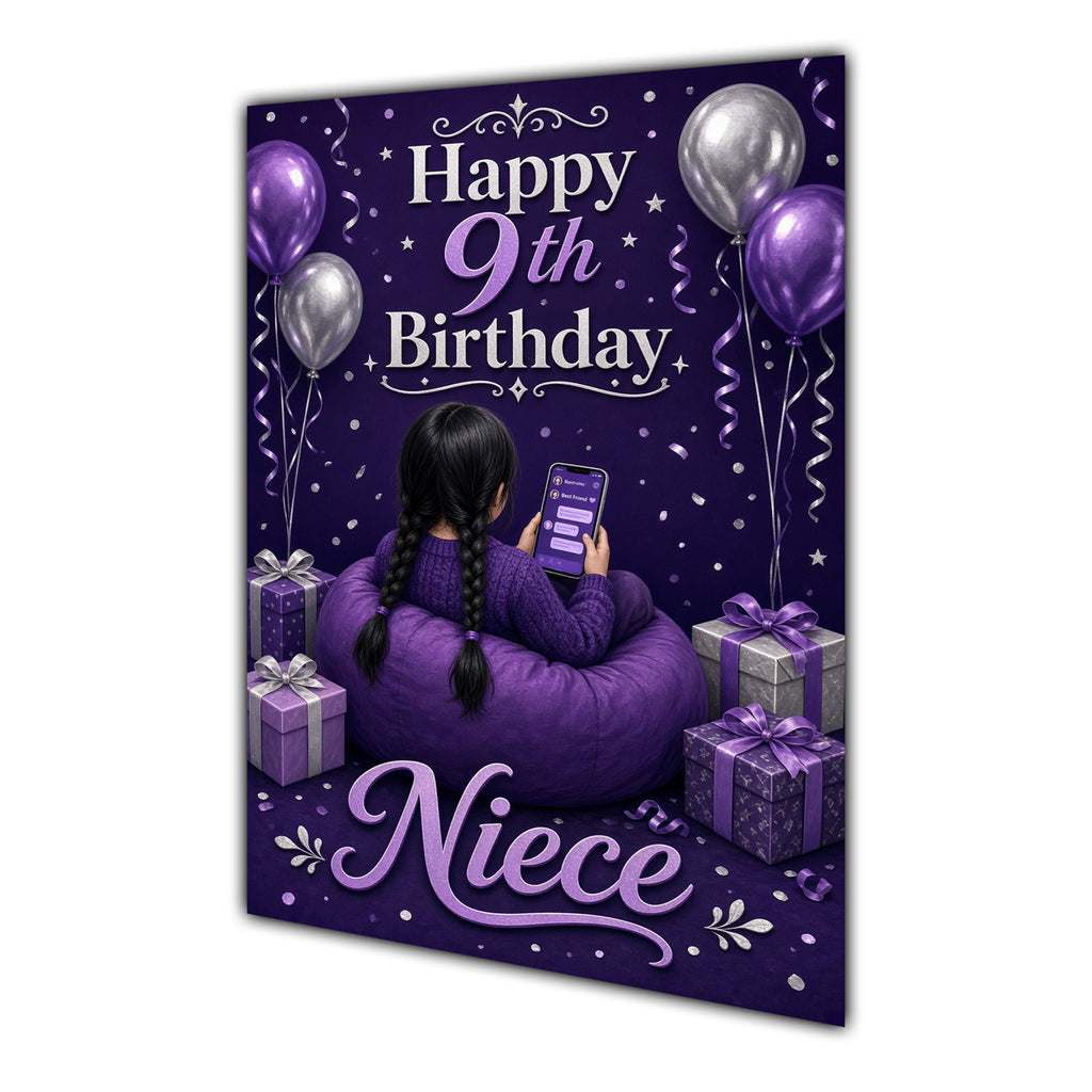 Niece 9th Birthday Card - Girl with Phone in a Purple Birthday Room