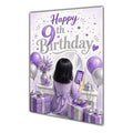 9th Birthday Card - Girl with Phone in a Purple Birthday Room