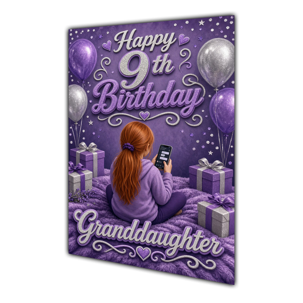 Granddaughter 9th Birthday Card - Girl with Phone in a Purple Birthday Room