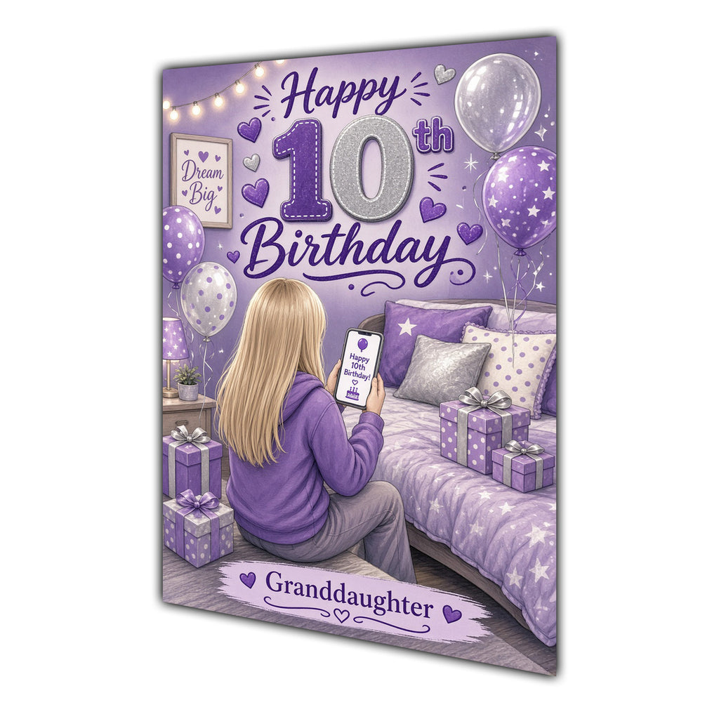 Granddaughter 10th Birthday Card - Girl with Phone in a Purple Birthday Room
