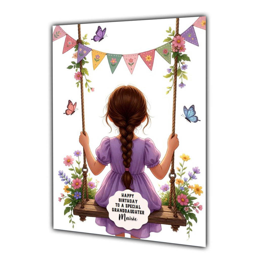 Personalised Birthday Card - Girl on a Flower Swing - Brown Hair
