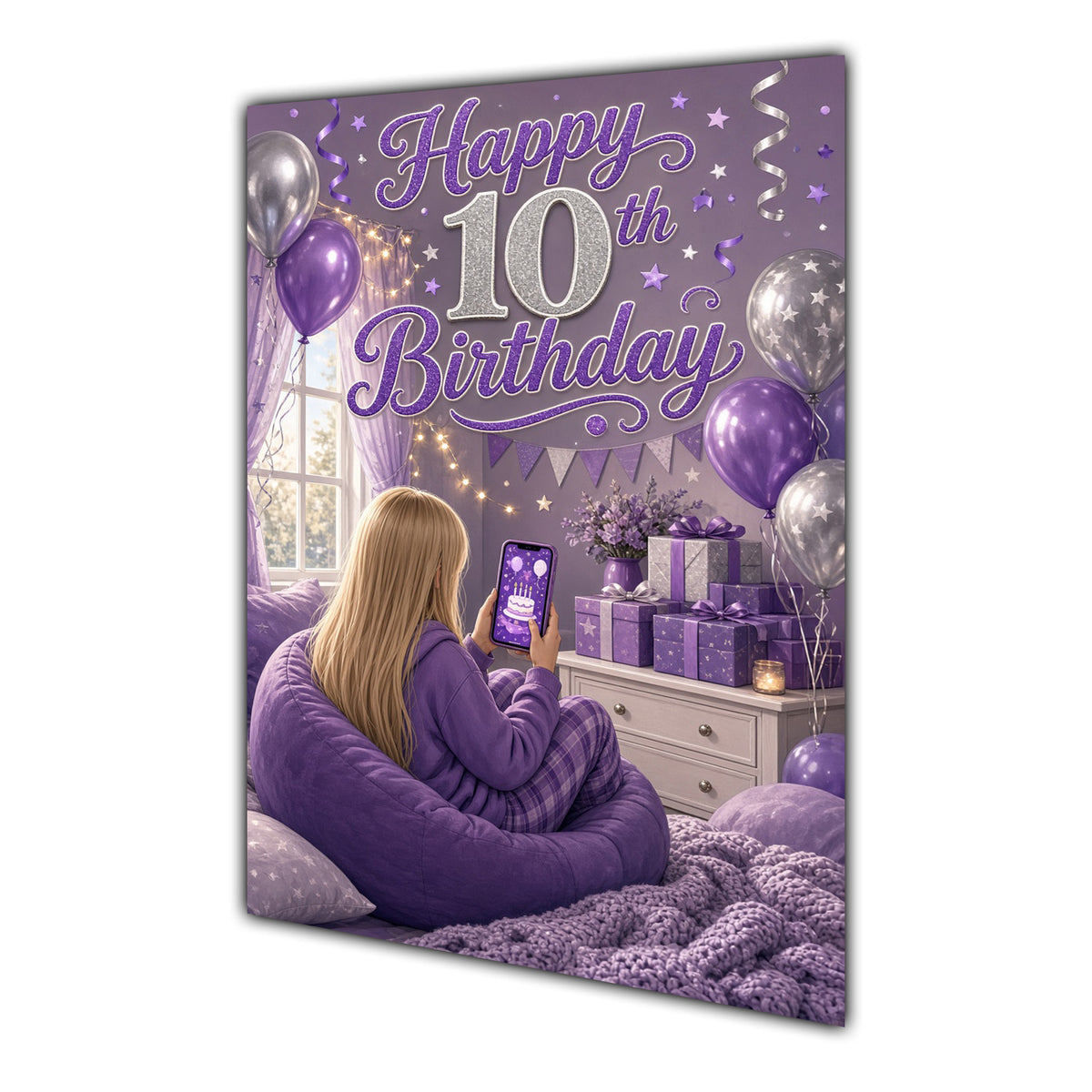 10th Birthday Card - Girl with Phone in a Purple Birthday Room