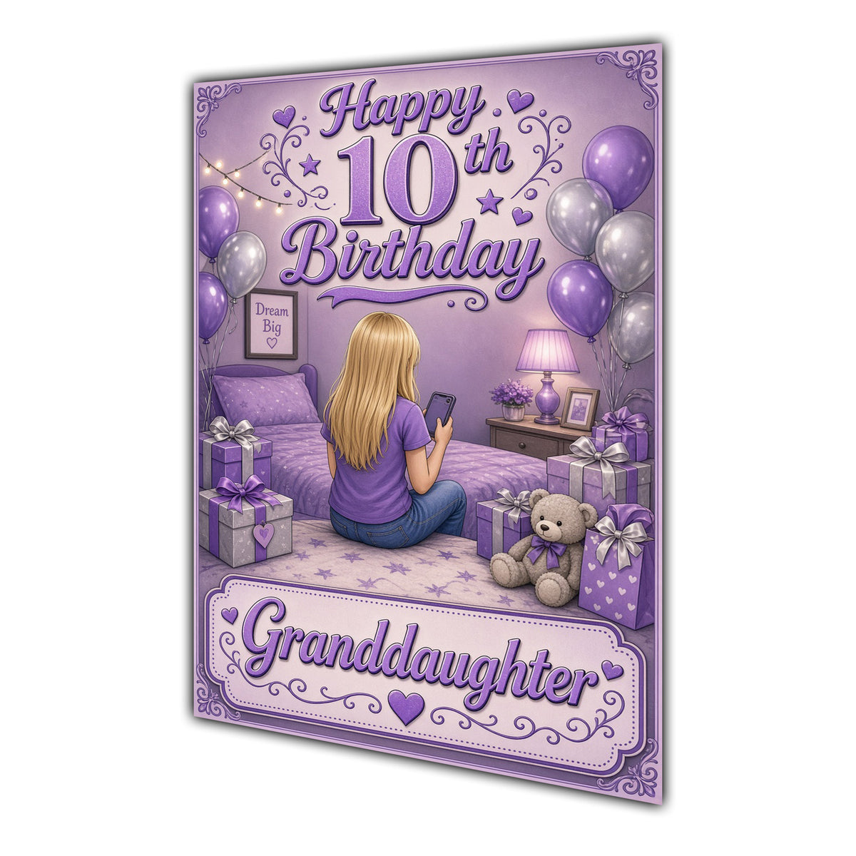 Granddaughter 10th Birthday Card - Girl with Phone in a Purple Birthday Room