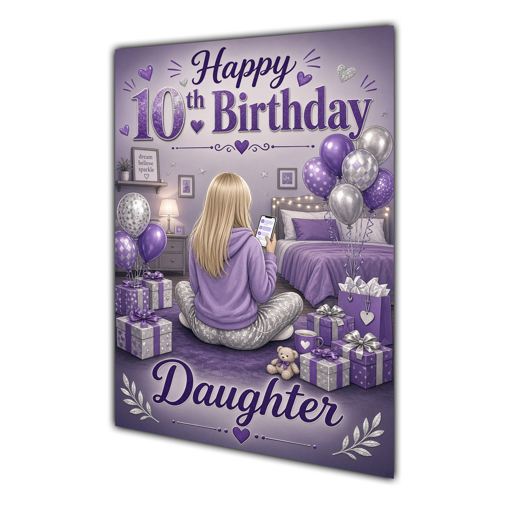 Daughter 10th Birthday Card - Girl with Phone in a Purple Birthday Room