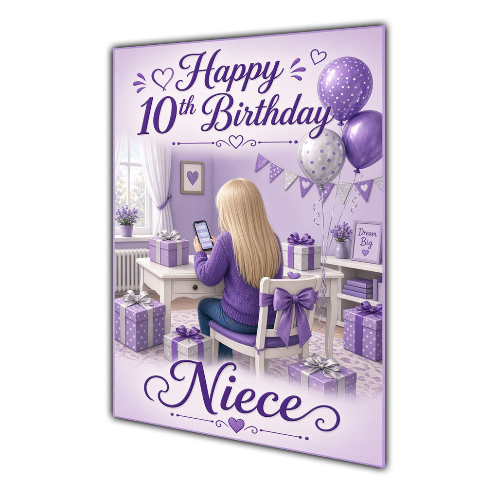 Niece 10th Birthday Card - Girl with Phone in a Purple Birthday Room