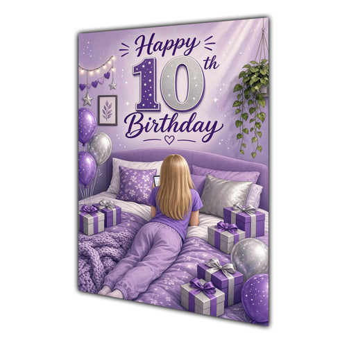 10th Birthday Card - Girl with Phone in a Purple Birthday Room