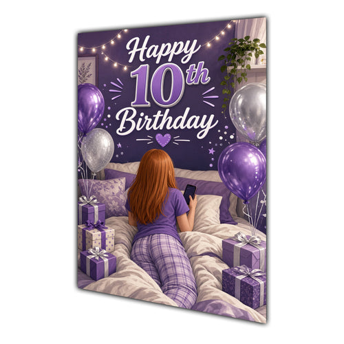 10th Birthday Card - Girl with Phone in a Purple Birthday Room