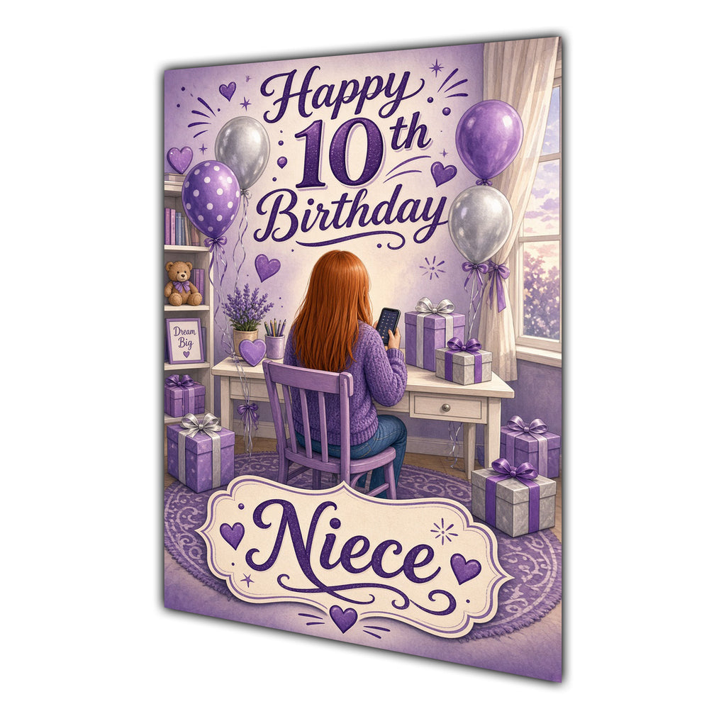 Niece 10th Birthday Card - Girl with Phone in a Purple Birthday Room