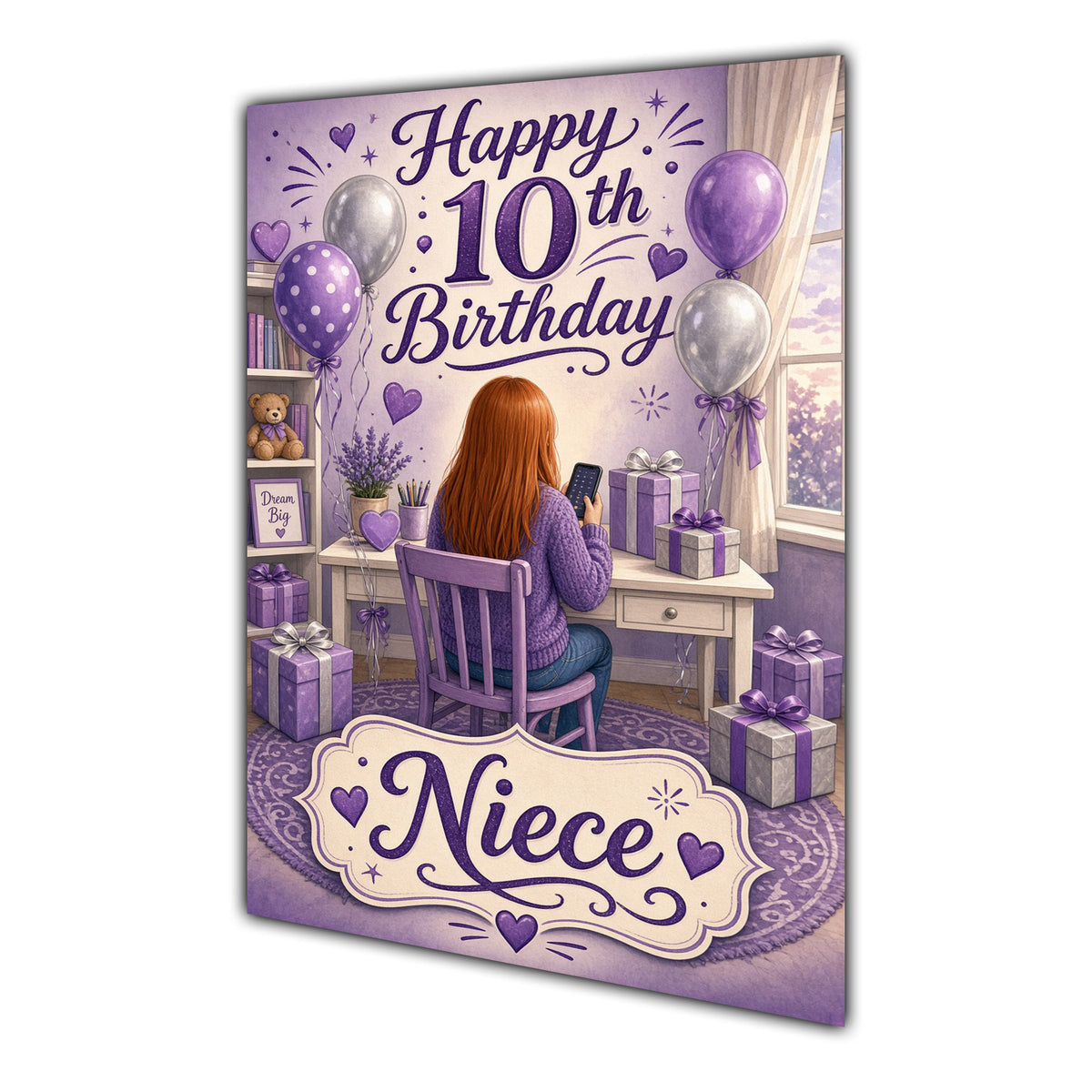 Niece 10th Birthday Card - Girl with Phone in a Purple Birthday Room