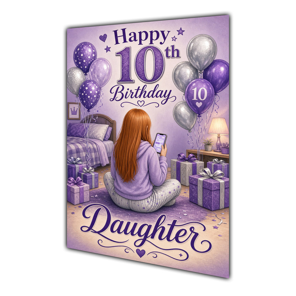 Daughter 10th Birthday Card - Girl with Phone in a Purple Birthday Room