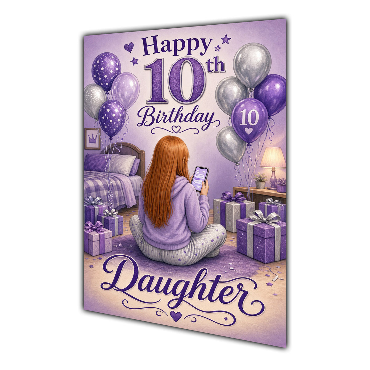 Daughter 10th Birthday Card - Girl with Phone in a Purple Birthday Room