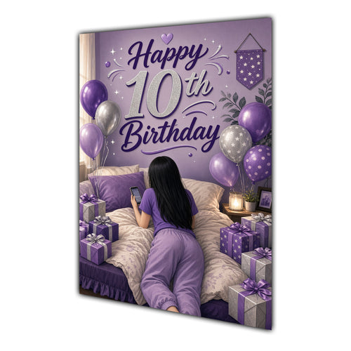10th Birthday Card - Girl with Phone in a Purple Birthday Room