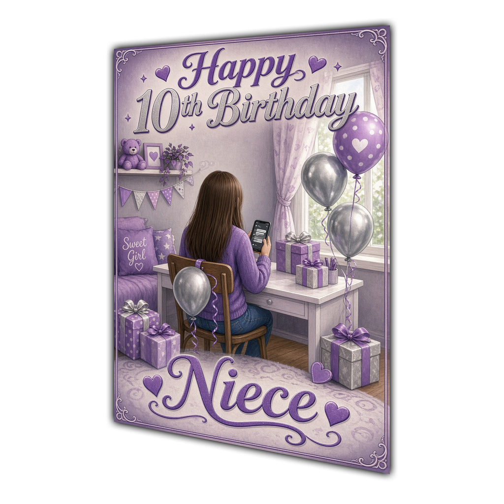 Niece 10th Birthday Card - Girl with Phone in a Purple Birthday Room