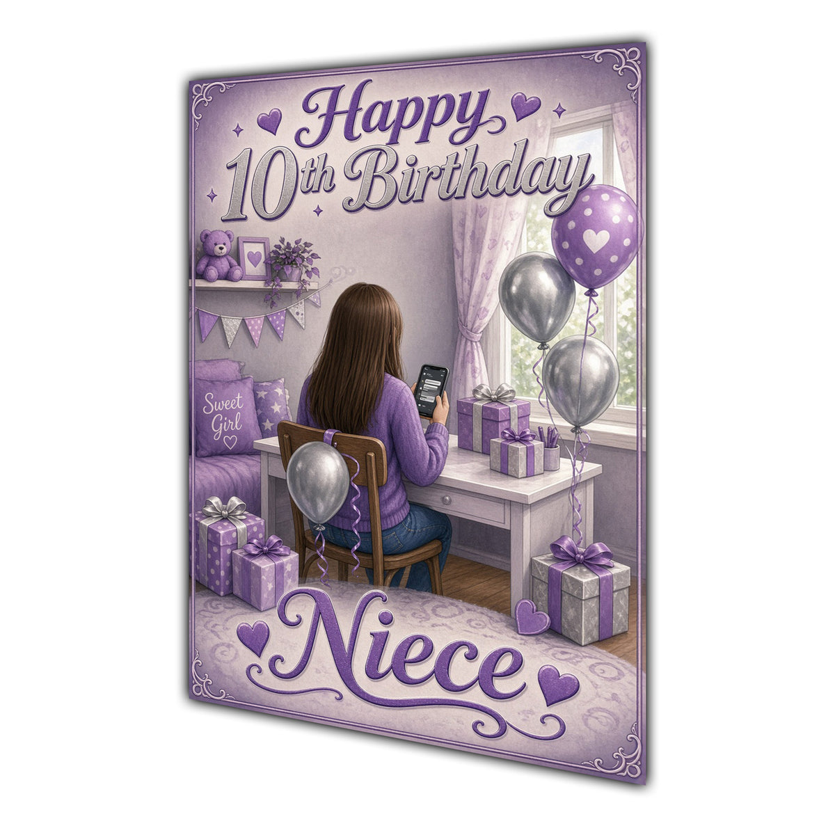 Niece 10th Birthday Card - Girl with Phone in a Purple Birthday Room