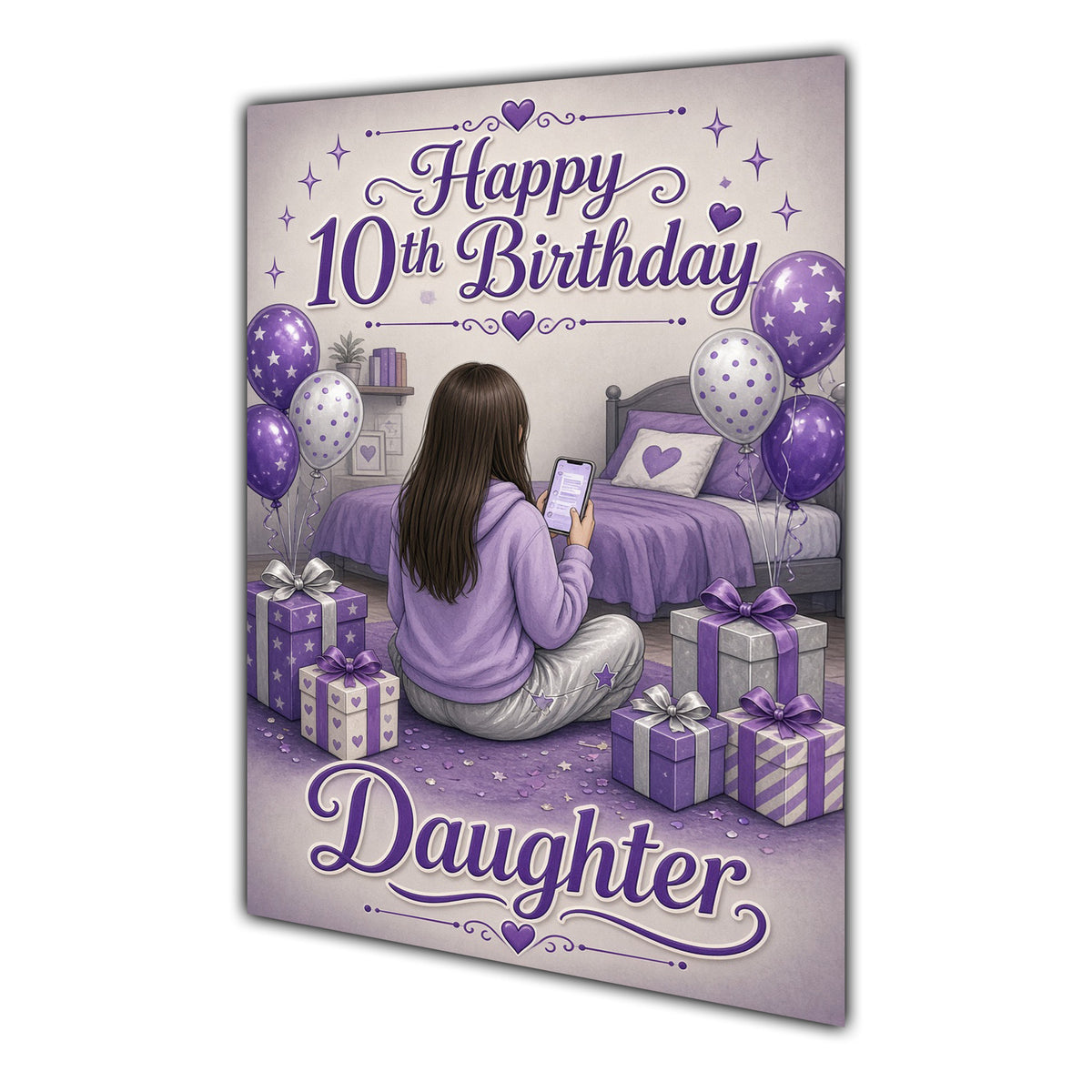 Daughter 10th Birthday Card - Girl with Phone in a Purple Birthday Room