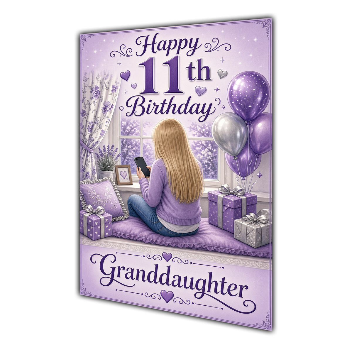 Granddaughter 11th Birthday Card - Girl with Phone in a Purple Birthday Room