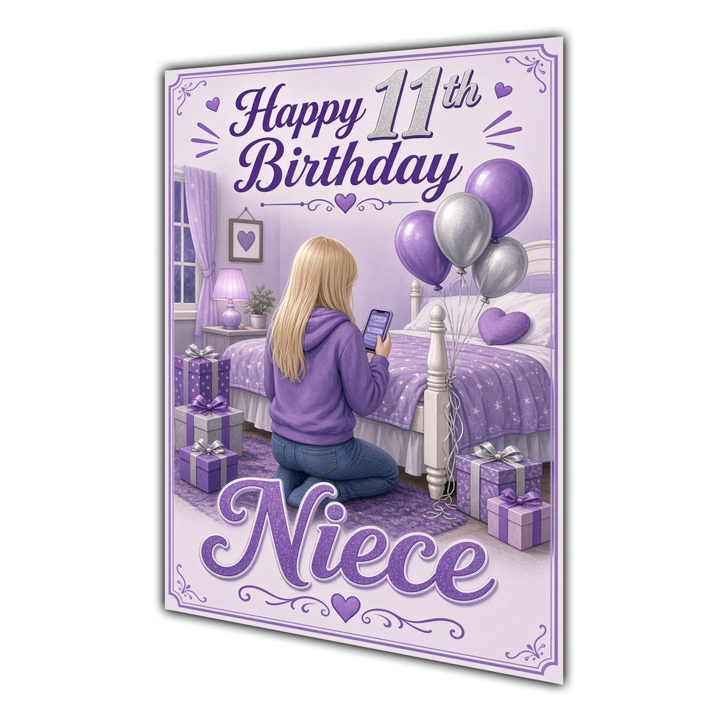Niece 11th Birthday Card - Girl with Phone in a Purple Birthday Room