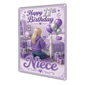 Niece 11th Birthday Card - Girl with Phone in a Purple Birthday Room