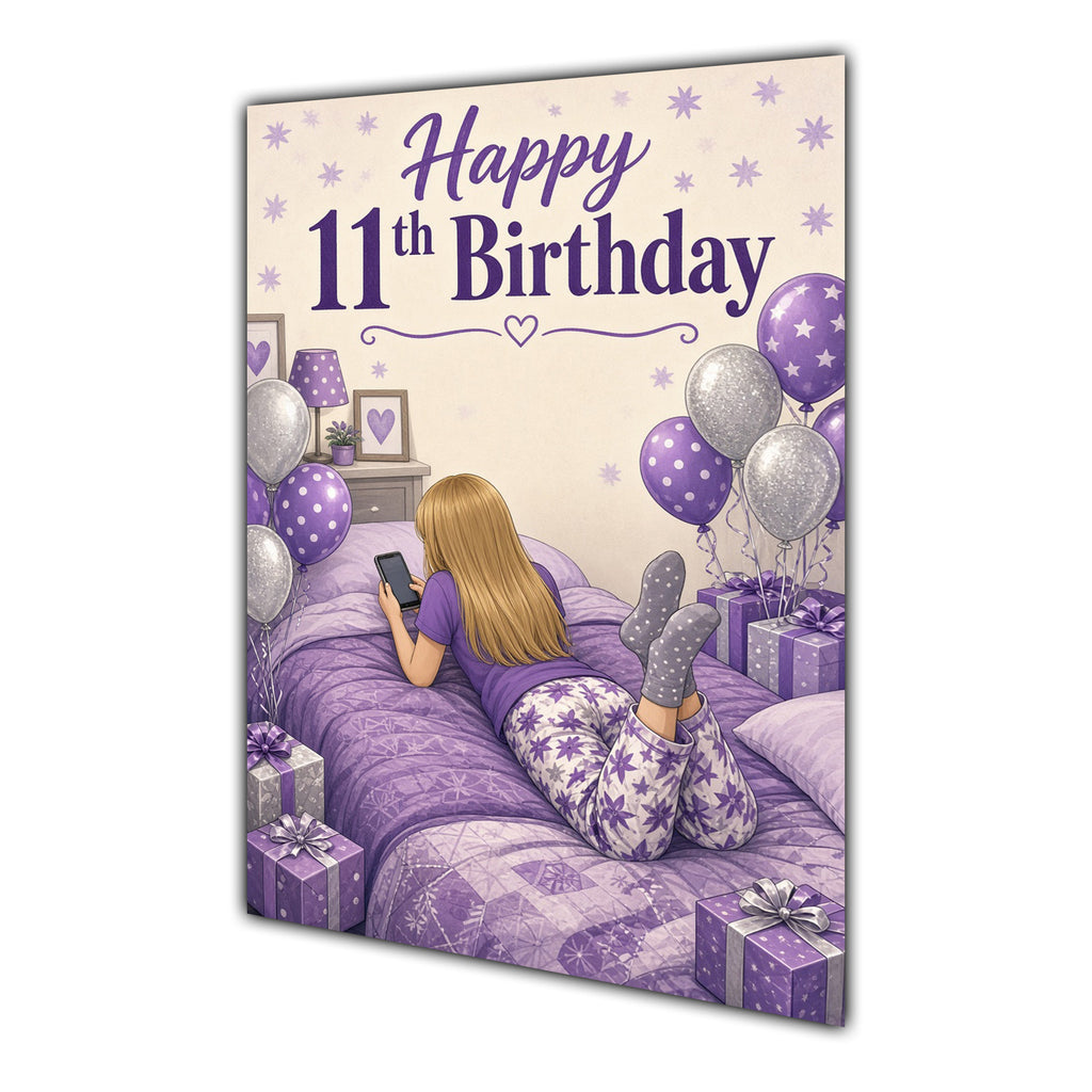 11th Birthday Card - Girl with Phone in a Purple Birthday Room