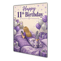 11th Birthday Card - Girl with Phone in a Purple Birthday Room