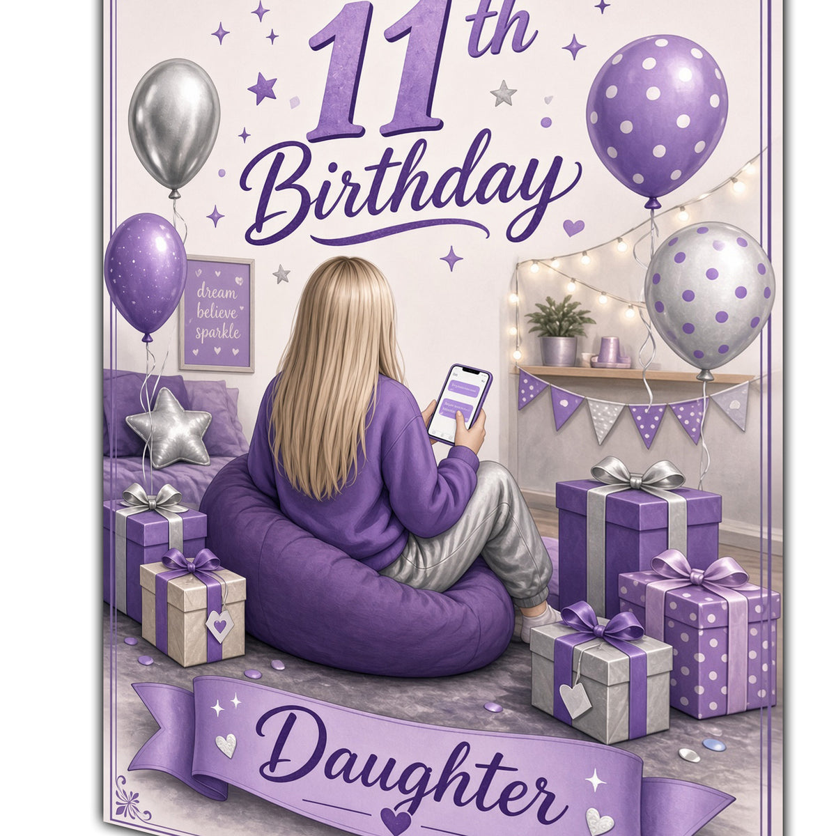 Daughter 11th Birthday Card - Girl with Phone in a Purple Birthday Room