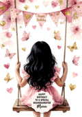 Personalised Birthday Card - Girl on a Flower Swing - Black Hair