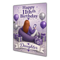 Daughter 11th Birthday Card - Girl with Phone in a Purple Birthday Room