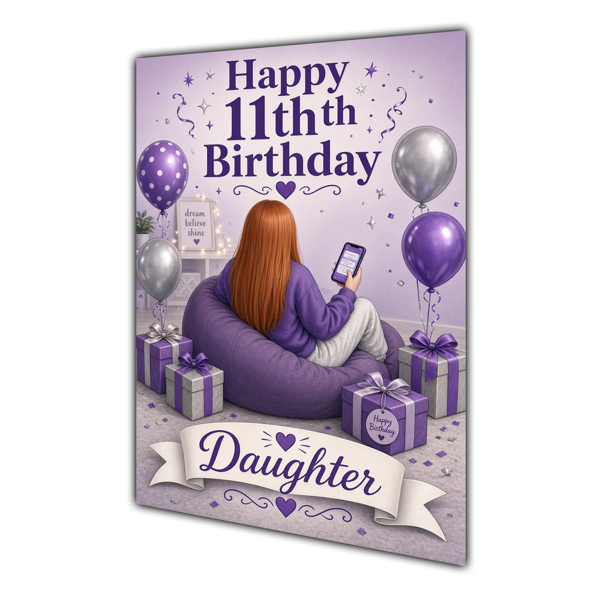 Daughter 11th Birthday Card - Girl with Phone in a Purple Birthday Room