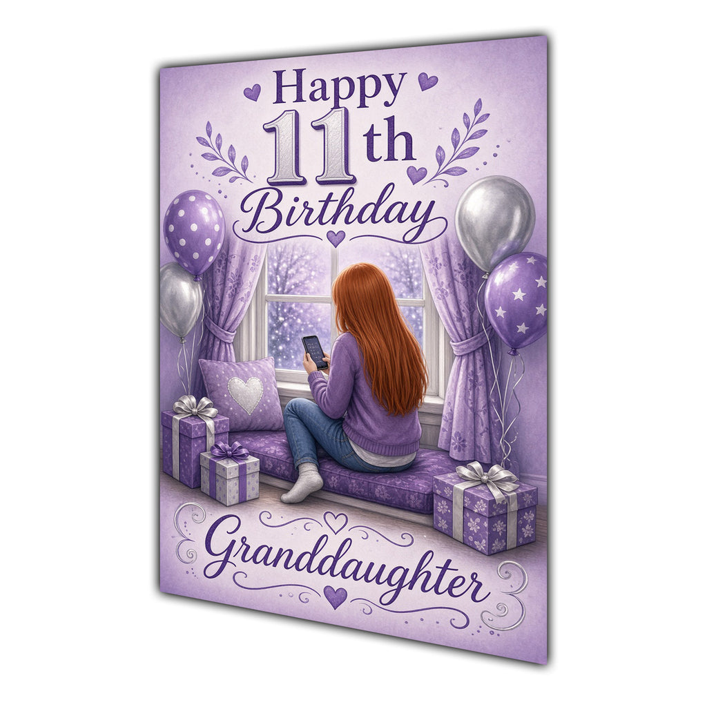 Granddaughter 11th Birthday Card - Girl with Phone in a Purple Birthday Room