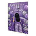 11th Birthday Card - Girl with Phone in a Purple Birthday Room