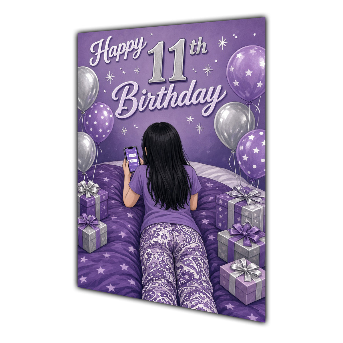 11th Birthday Card - Girl with Phone in a Purple Birthday Room